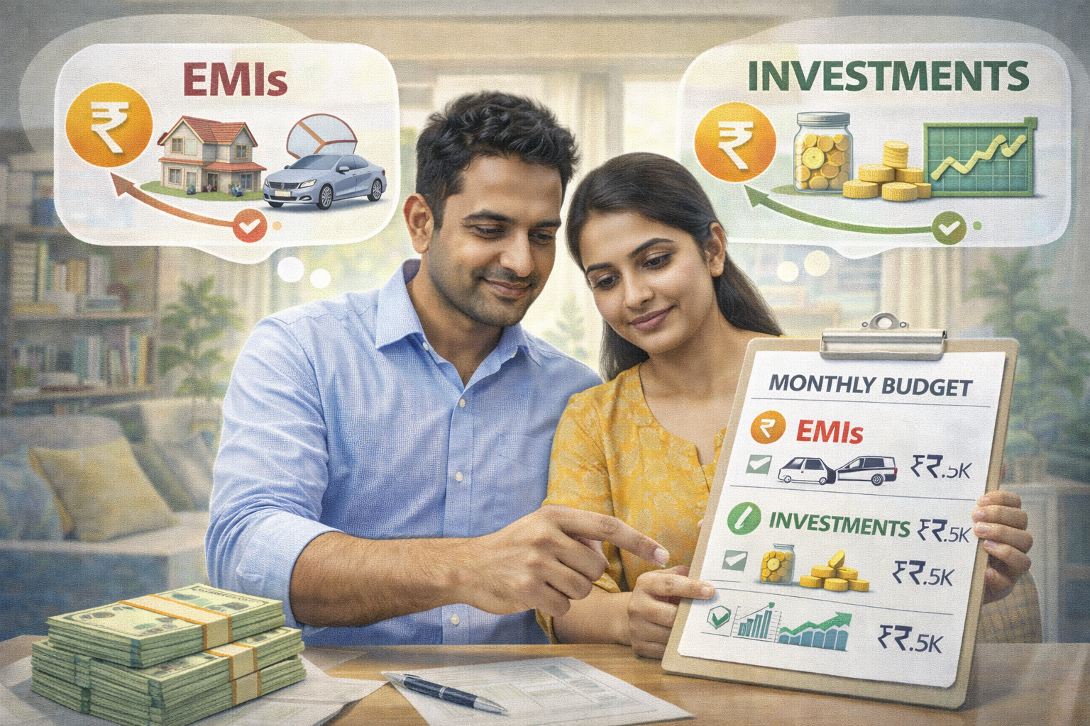 Indian couple planning budget with EMI payments and investment strategy
